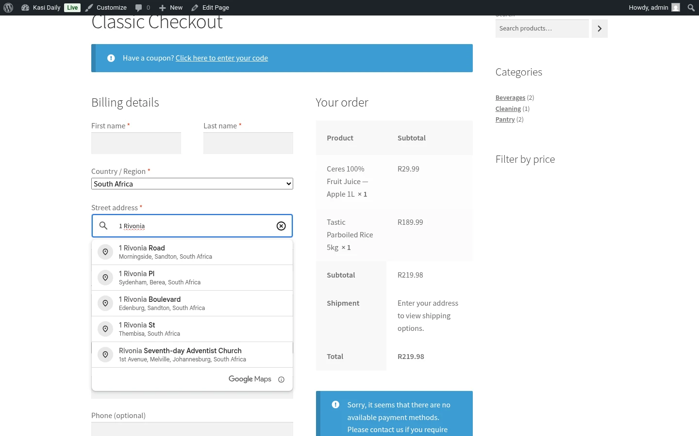 Classic checkout with autocomplete dropdown open