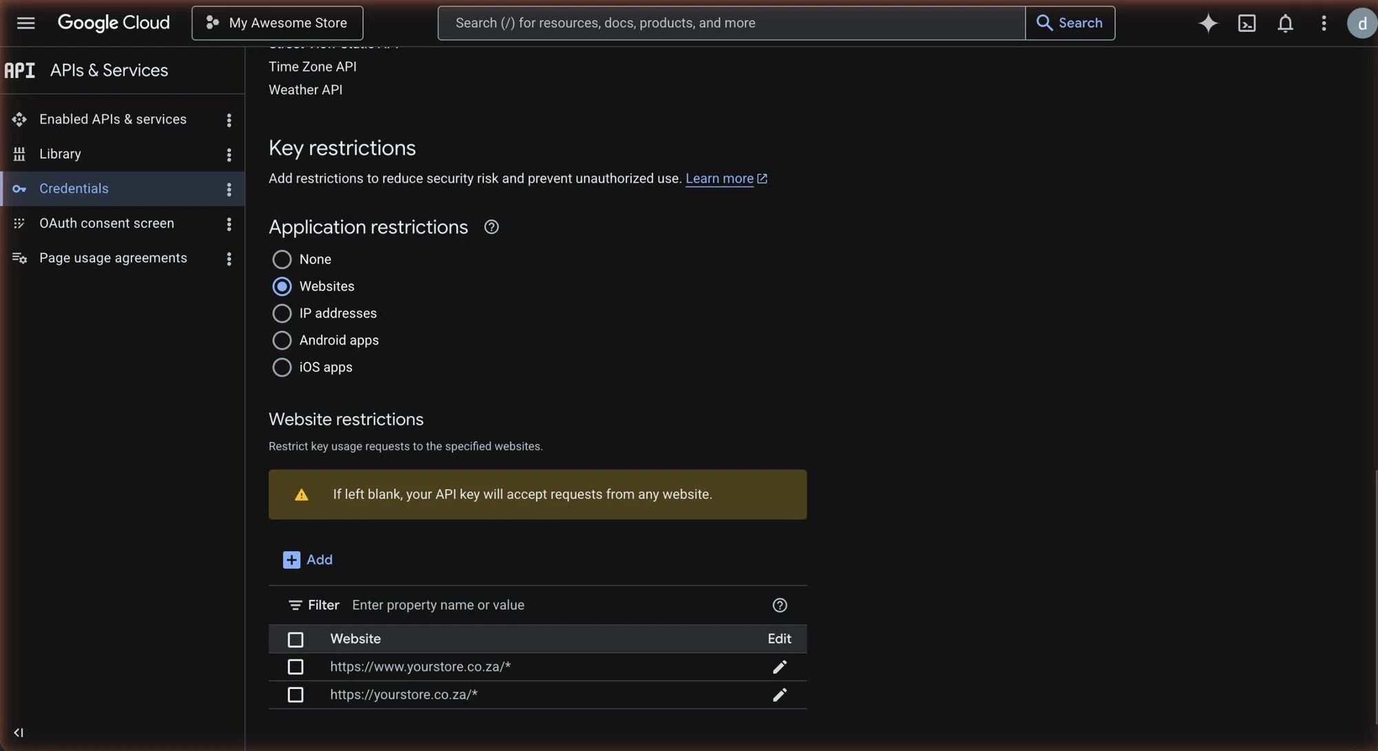 HTTP referrer restrictions filled in