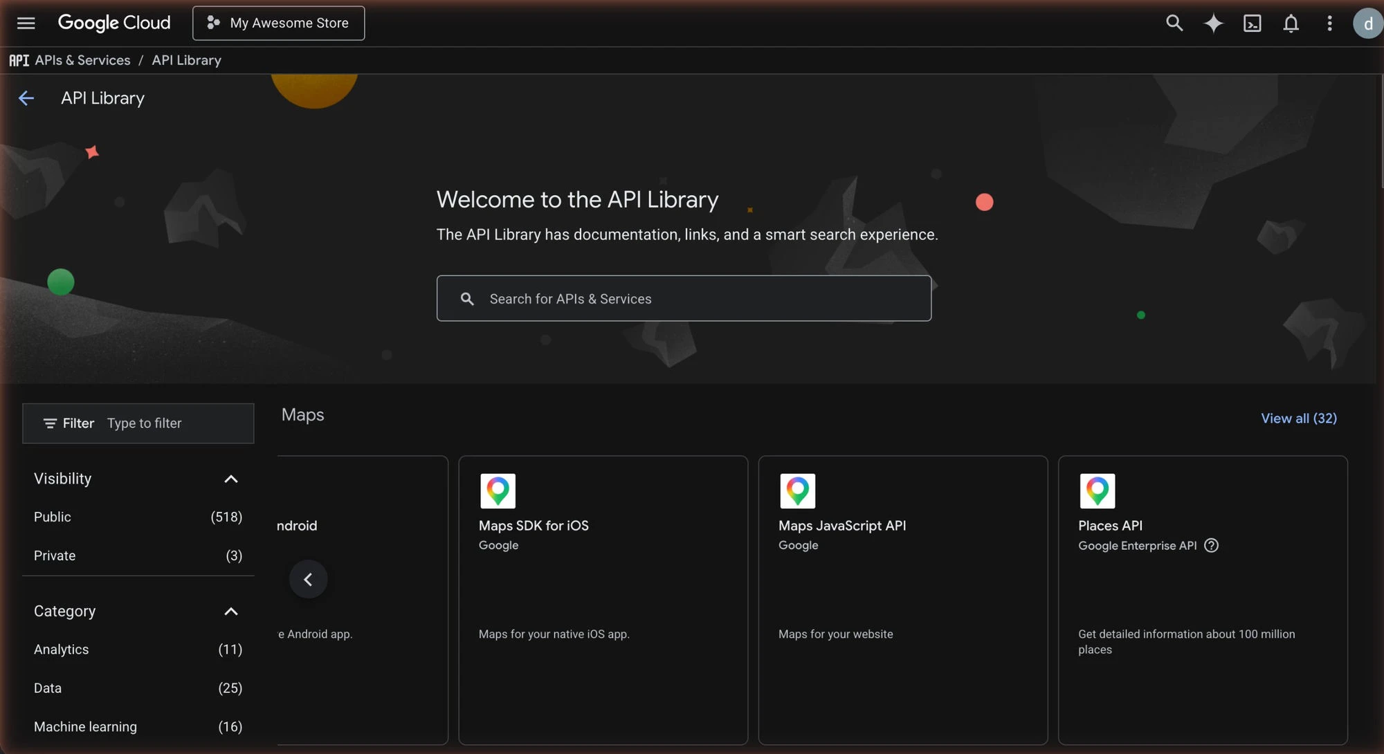 Google Cloud API Library landing page