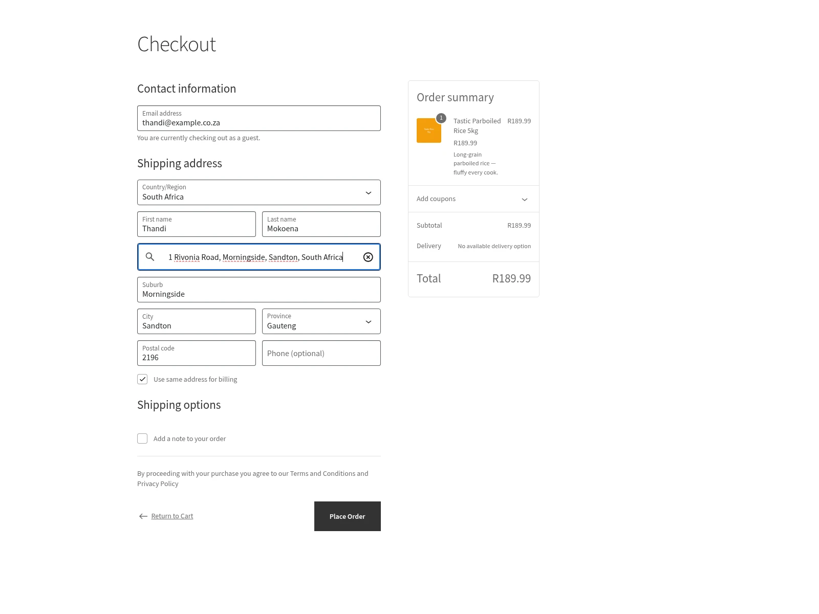 WooCommerce checkout fields populated after selecting a South African address