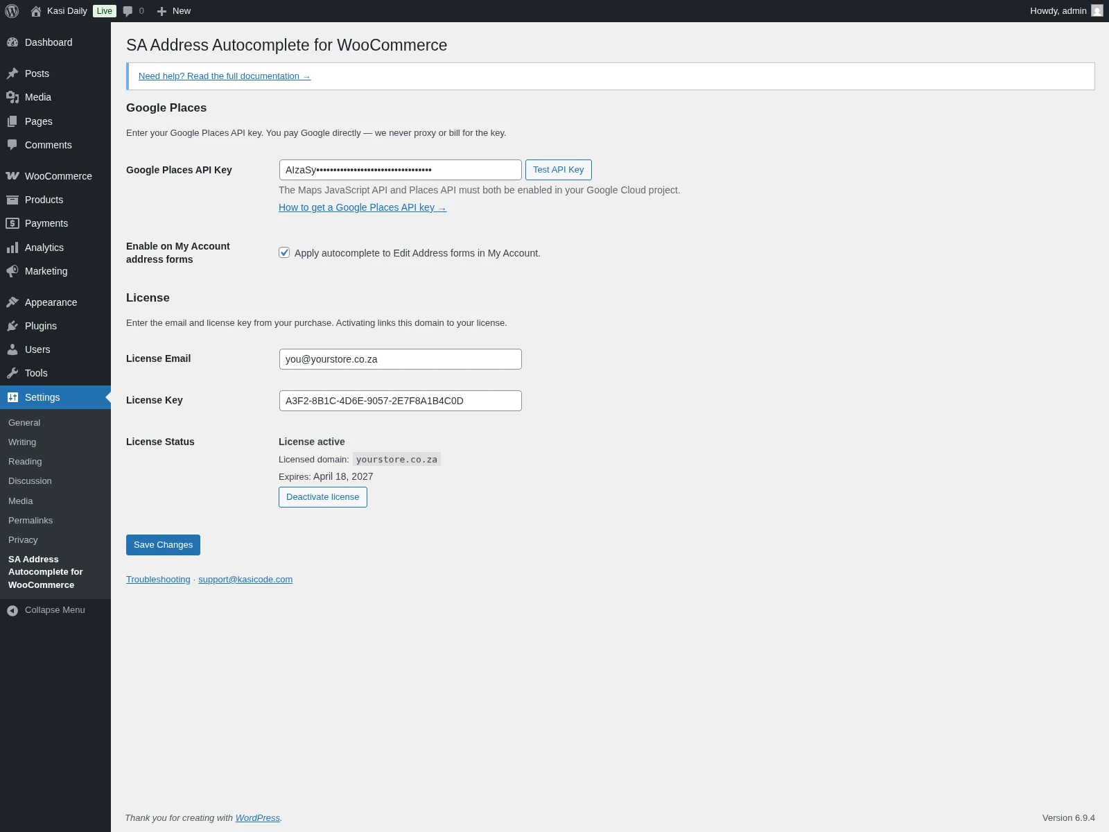 WordPress admin settings page for SA Address Autocomplete for WooCommerce